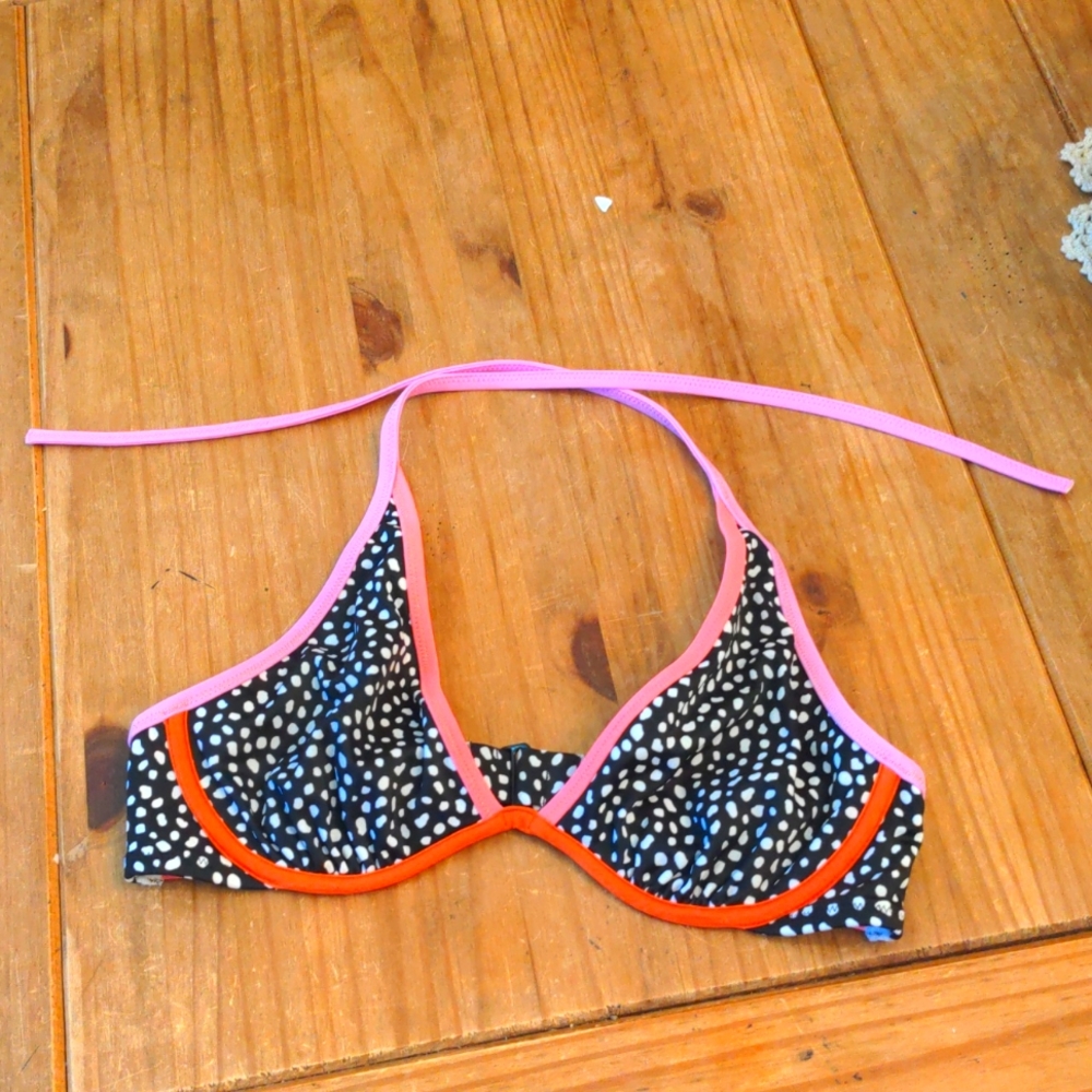 Victoria's Secret Black/White Polka Dot Bikini Top W/Pink/Orange Straps, 34D